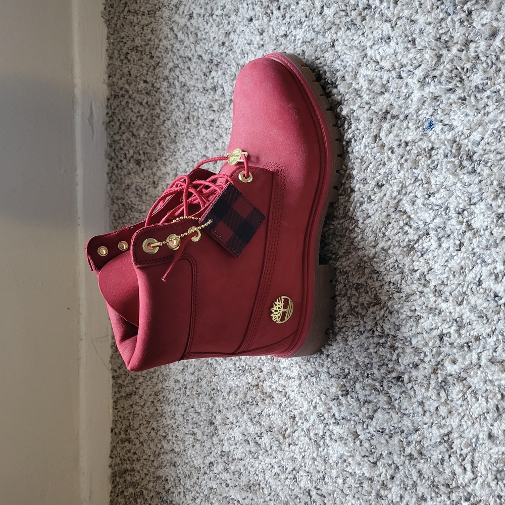 Timberland Red Boots with Plaid Accent
